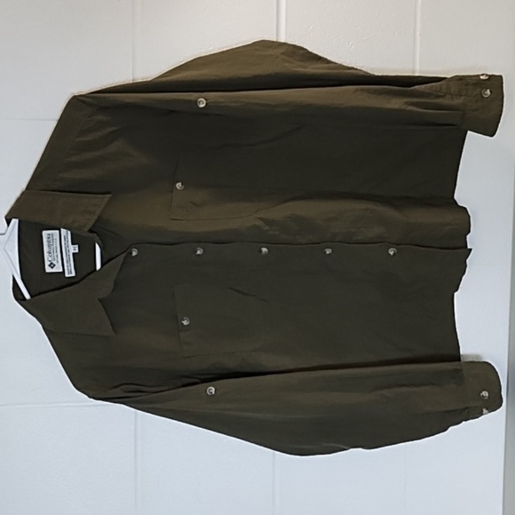 Columbia Olive Green Med Safari Button Down Quick Dry Shirt Roll Tab Sleeves - Picture 10 of 11